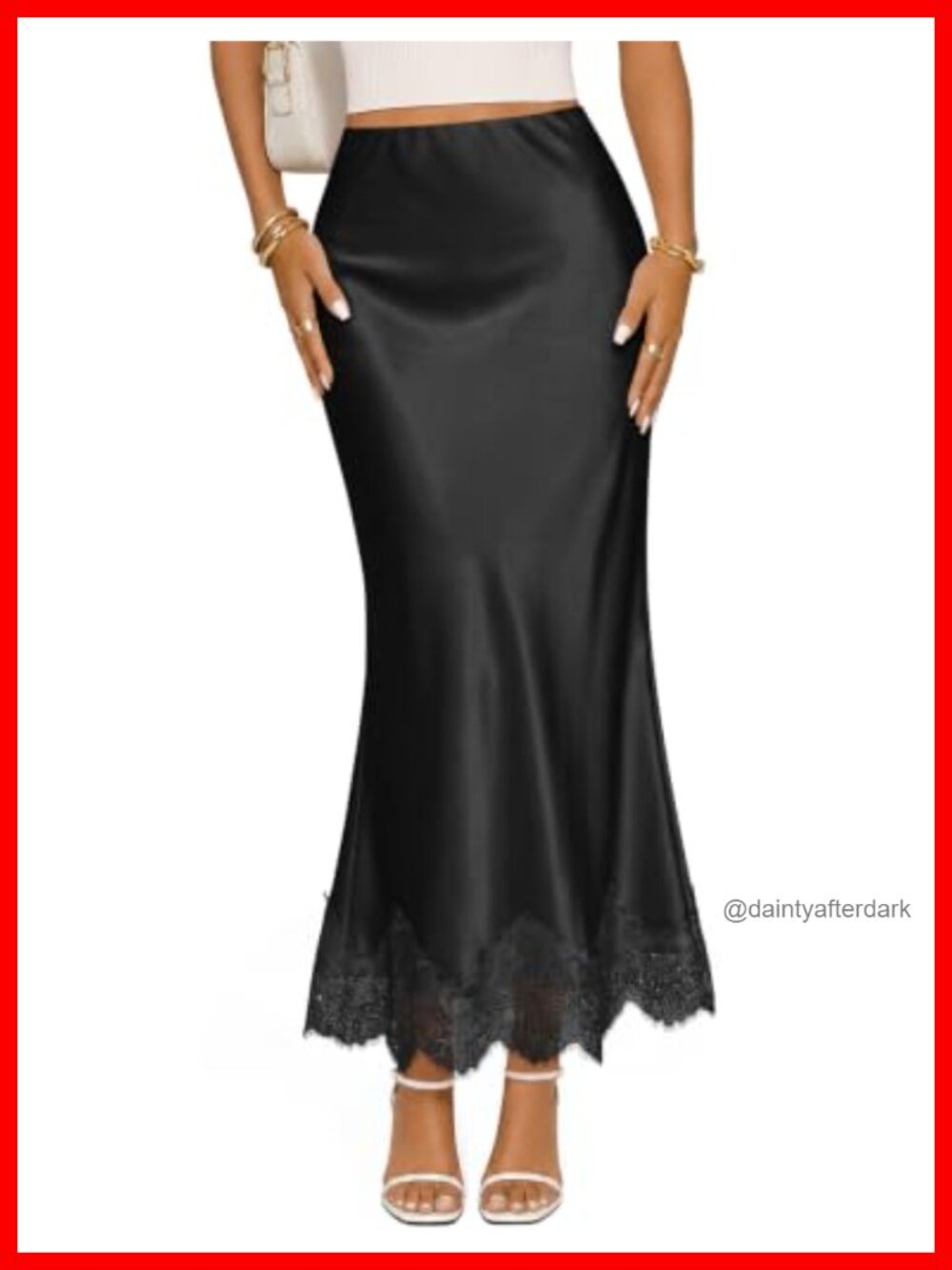 Satin Lace Trim Maxi Skirt High Waist Flowy A-Line Women's Fall Business Casual